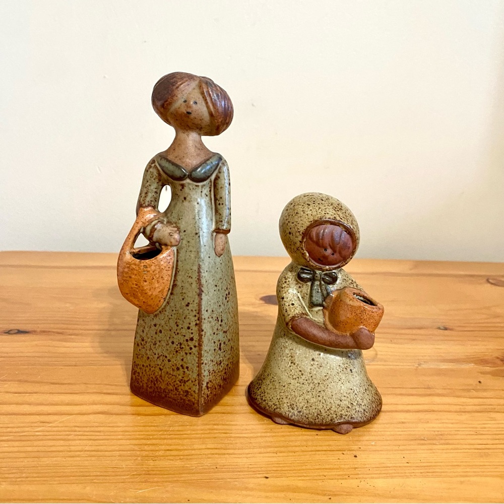 Vintage Stoneware Mother Daughter Pottery Vase Set Flower Bud Dried Mid-Century